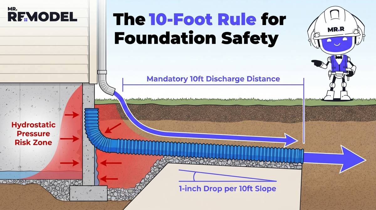 A technical diagram illustrating the structural necessity of discharging gutter water 10 feet away from the home foundation at a precise 1:10 slope.